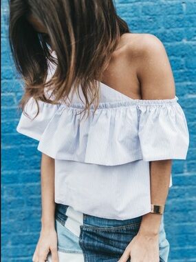 Blue & White Striped Off Shoulder Ruffle Top Asymmetrical Coastal Preppy Blouse
